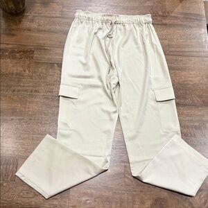 WAYF Harbour Cargo Jogger Pants. Medium. Satiny. Cream color.